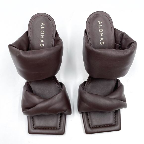 Alohas Twist Strap Sandals‎ Coffee Brown Leather Heels Square Toe Sz 37 / 6.5 - Picture 3 of 10